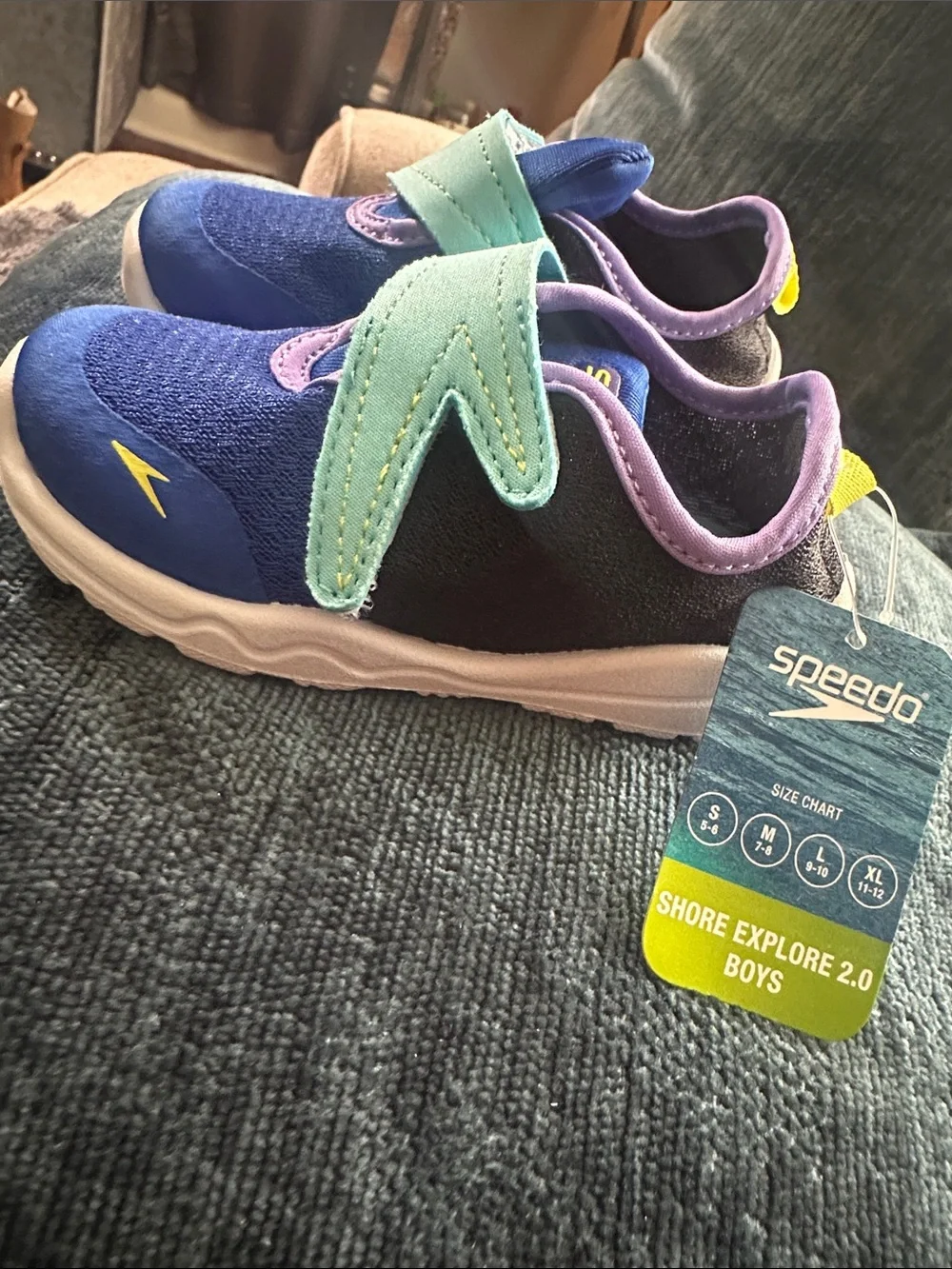 Speedo Kids Royal Blue Water Shoes with Mint Straps and Purple Trim